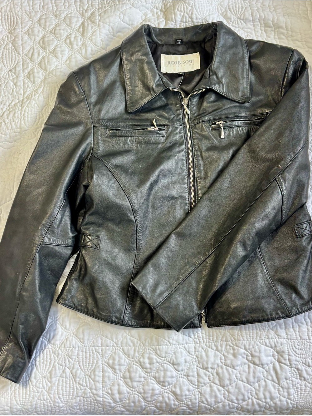 Hugo Buscati Collection Women's Black Zip Belted Collared Biker Jacket Size M